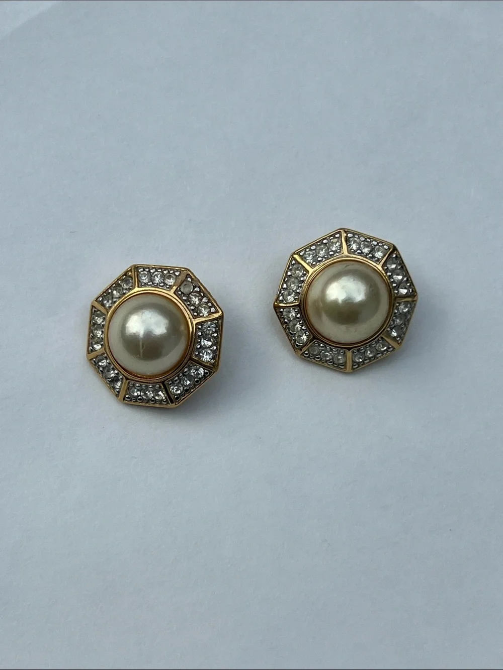 Gold Pearl & Crystal Octagon Clip On Earrings - Gold Tone Costume Jewelry